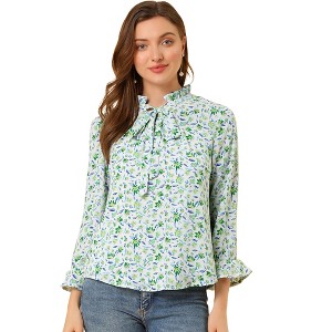 Allegra K Women's Ruffle Collar 3/4 Sleeve Tie Neck Chiffon Floral Blouse - 1 of 4