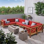 Brava 10pc Acacia Wood U-Shaped Sectional Sofa Set with Fire Pit - Teak/Red/Light Gray - Christopher Knight Home