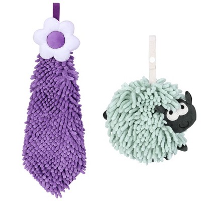 REGALWOVEN Flower and Sheep Shape Absorbent Fast Drying Chenille Hand Towels with Hanging Loop 6" x 15"/7" x 7" 2 Packs