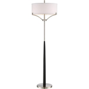 360 Lighting Modern Floor Lamp 62" Tall Black and Brushed Steel Column White Linen Drum Shade for Living Room Reading Bedroom Office - 1 of 4