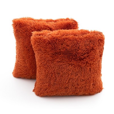 Rust Orange Shaggy Faux Fur Throw Pillows Set of 2