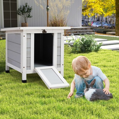 DOMETOUR Modern Wooden Rabbit Cat Dog Hutch, Indoor/Outdoor Retreat House with Openable Roof for Small Pets, Weatherproof