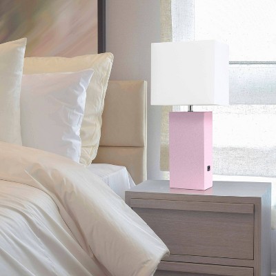 Blush Pink Leather Table Lamp with USB Port and Fabric Shade