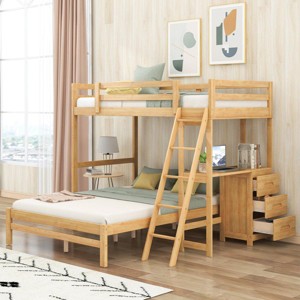 Streamdale Twin over Full Bunk Bed with Built-in Desk and Three Drawers,Natural - 1 of 4