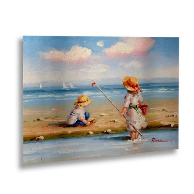 16x22 Light Blue and Tan Brushed Aluminum Beach Scene Art