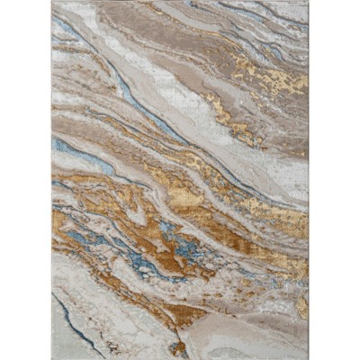 LunaLulinlk 60''x31.5'' Luxury Area Rug in Beige, Gold and Blue Abstract Design