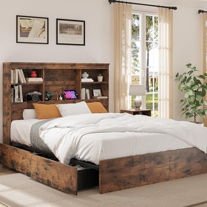Homhougo Full Size Bed Frame with High Storage Bookcase Headboard, Wood Bed Frame with 4 Storage Drawers, Built in Charging Station, Brown - 1 of 4