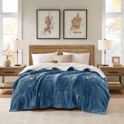 Sapphire Blue Twin Reversible Heated Plush to Berber Blanket
