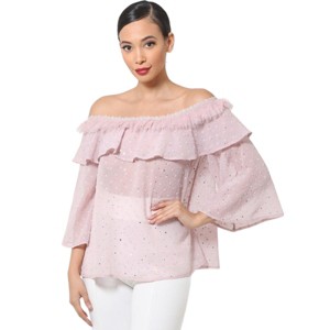 Slickblue Chic Polka Dot Off Shoulder Top – S/M/L – Mauve/White – Flirty with Ruffles, Bell Sleeves & Crochet Detail - 1 of 1