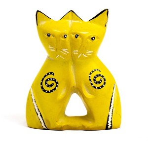 Slickblue Twin Cat Statues – Hand-Carved Soapstone Décor in Yellow & Red, 4-Inch Tall for Charming Spaces - 1 of 2