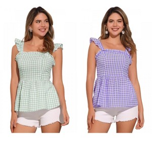 INSPIRE CHIC Women's Summer Square Neck Sleeveless Plaid Gingham Peplum Top 2 Packs - 1 of 4
