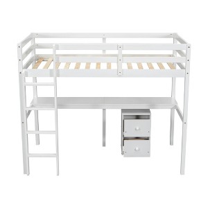 DOMETOUR Twin Loft Wood Bed with Under-bed, Built-in Desk, a Storage Cabinet of 2 Drawers, Guardrails, Ladder,White - 1 of 4