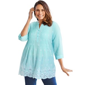 Woman Within Plus Size Embroidered Pintuck Tunic - 1 of 4