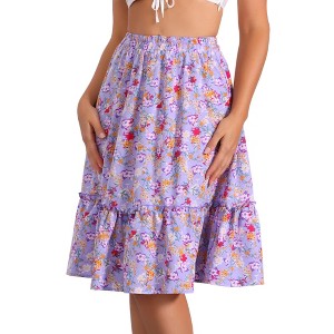 INSPIRE CHIC Women's Ruffle Hem Elastic Waist Flowy A-Line Swing Floral Midi Skirt - 1 of 4