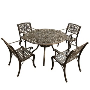 5pc Outdoor Dining Set with Ornate Traditional Mesh Lattice Aluminum 48" Round Dining Table & 4 Chairs - Bronze - Oakland Living - 1 of 4