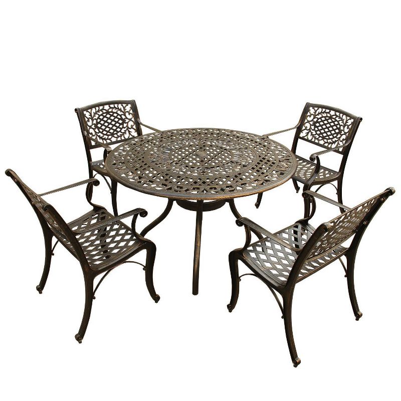 5pc Outdoor Dining Set with Ornate Traditional Mesh Lattice Aluminum 48&#34; Round Dining Table &#38; 4 Chairs - Bronze - Oakland Living, 1 of 6