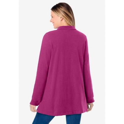 Woman Within Women's Plus Size Long-Sleeve Polo Shirt - 3X, Raspberry