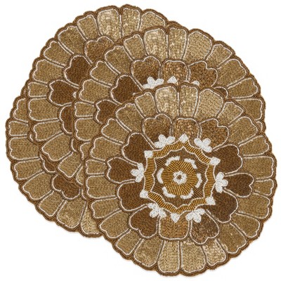Gold Floral Design Beaded Round Placemats Set of 4
