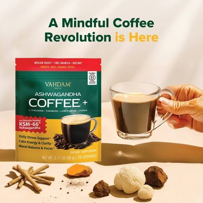 VAHDAM Ashwagandha Instant Coffee with Mushrooms Calm Energy & Focus - 2.11oz