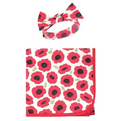 Touched by Nature Baby Girl Organic Cotton Swaddle Blanket and Headband or Cap, Poppy, One Size