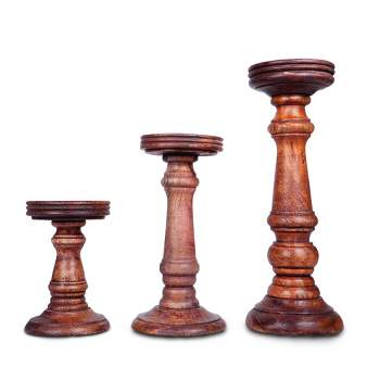 Mela Artisans Medium Polish Candle Holders for Pillar Candles (Set of 3) Rustic Wooden Candle Holders Pillar6", 9", 12"