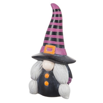 9"H Ceramic Witchy Gnome Garden Statuary with Purple and Black Striped Hat