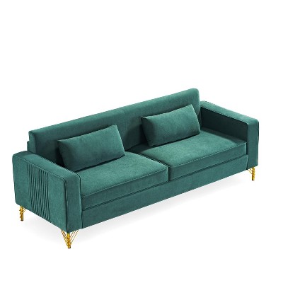 NicBex 85.8 Inch Velvet Sofas 3 Seater Couch with 2 Throw Pillows and Metal Legs for Living Room,Apartment,Office,Green