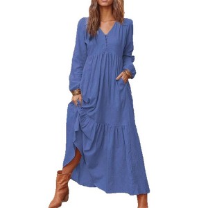 Women's Boho Cotton Maxi Dress V-Neck Long Sleeve Flowy Beach Dress with Pockets and Buttons - 1 of 2
