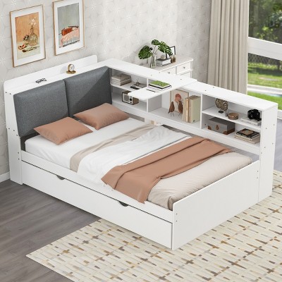 1-Pc Twin-Size Platform Bed with Trundle, Solid Wood Frame with Upholstered Headboard, Shelves & Storage Box - Baofuwish