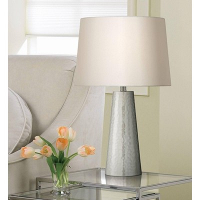 Silver Leaf Hammered Metal Cylinder Table Lamp with Off-White Fabric Shade