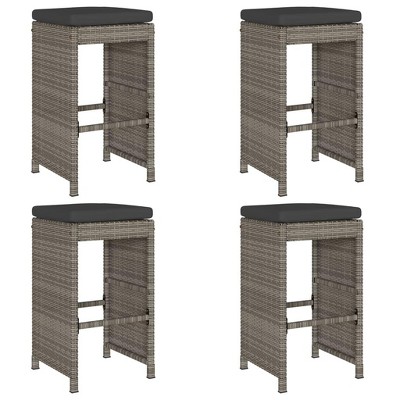 vidaXL Gray Patio Bar Stools with Cushions 4 pcs - Modern Poly Rattan Outdoor Garden Bar Stool, 29.9" H Powder-Coated Steel Frame