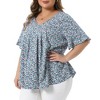 Women's Plus Size Ditsy Floral Pleated V Neck Flared Sleeve Casual Summer Blouses - Agnes Orinda - 2 of 4