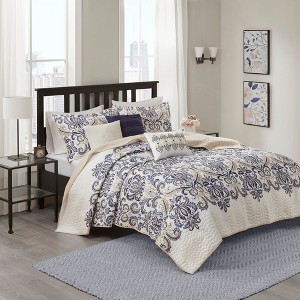 Sapphtopaz 6 Piece Comforter Set Bedding Set Plant Print and Solid Beige Color Back Soft Reversible Cotton Quilt Set - 1 of 4