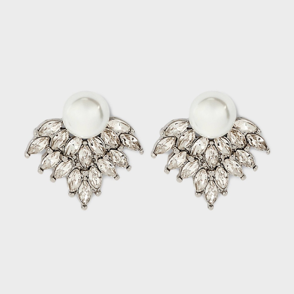 Pearl and Stone Cluster Post Earrings - Silver