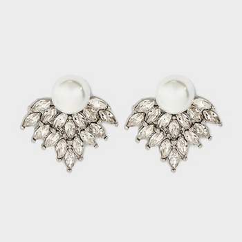 Pearl and Stone Cluster Post Earrings - Silver