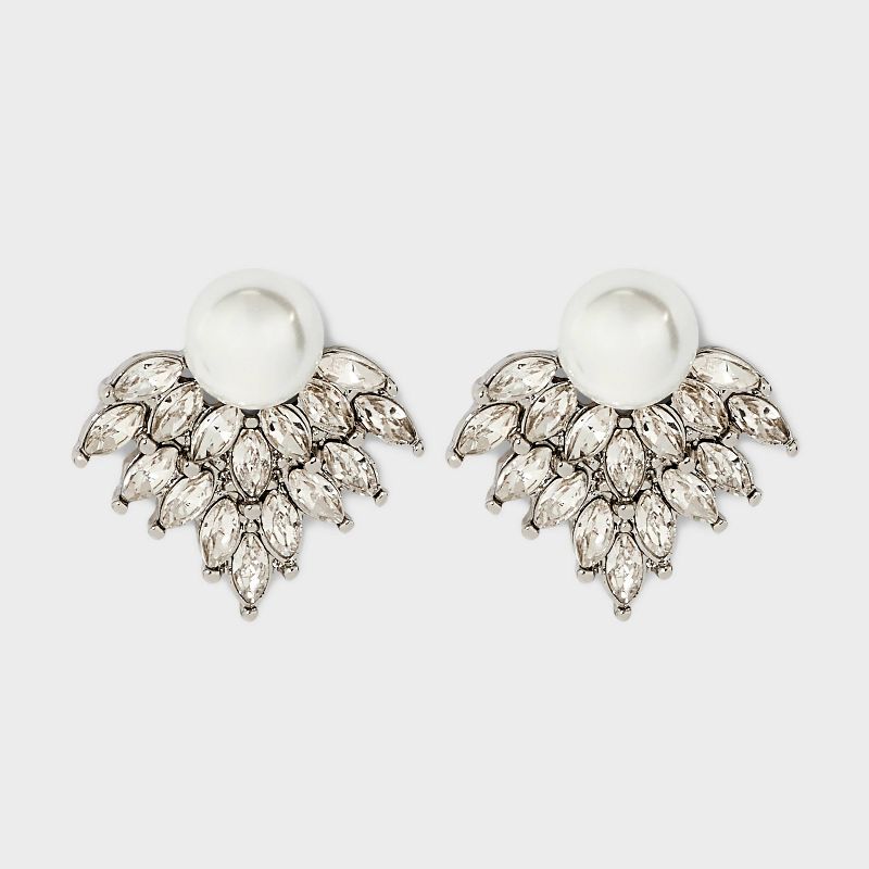 Pearl and Stone Cluster Post Earrings - Silver, 1 of 3