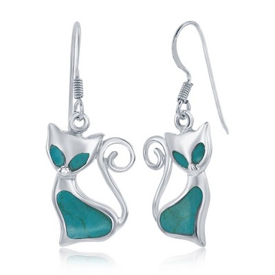 Bella Silver Sterling Silver Created Turquoise Cat Earrings - Blue
