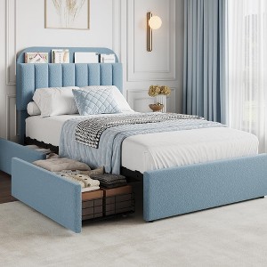 Bed Frame with Storage Headboard, Girls Bed Frame with 2 Drawers, Boucle Upholstered Platform Bed with Bookcase - 1 of 3