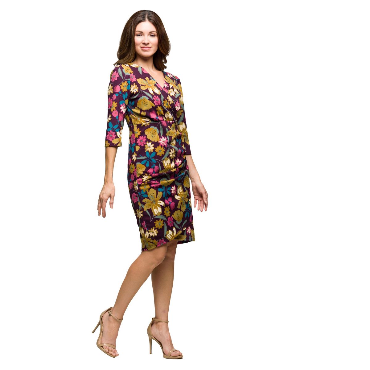 24seven Comfort Apparel Floral Print Faux Wrap Dress - thumbnail 2