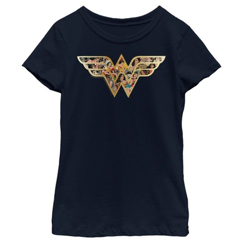 Girl's Wonder Woman Symbol Build Up Fill T-shirt - Navy Blue - X