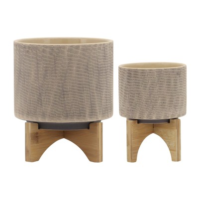 VisioGear 2PCS Round Planter with Stand, Plant Pots for Living Room, Bedroom, Tan, 7.75"*7.75"*10.5"