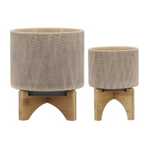 VisioGear 2PCS Round Planter with Stand, Plant Pots for Living Room, Bedroom, Tan, 7.75"*7.75"*10.5" - 1 of 4