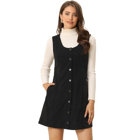 Женские платья INSPIRE CHIC Women's Corduroy Button Down Scoop Neck Pockets Casual Pinafore Overall Dress Black Medium