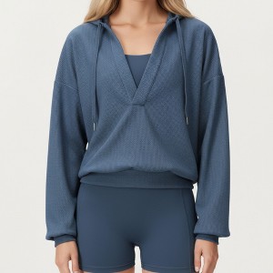 Anna-Kaci Active Women's Waffle Knit Long Sleeve Active Hoodie Top with Deep V-Neckline Fit and Stretch Texture - 1 of 4