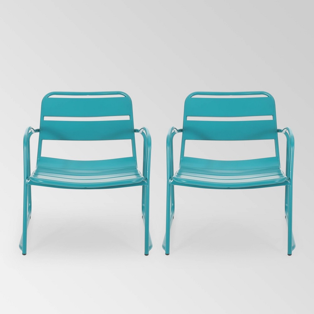 Photos - Garden Furniture Cowan Set of 2 Iron Dining Chairs - Matte Teal - Christopher Knight Home