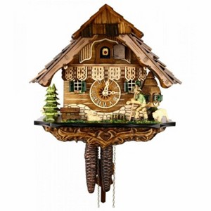 Black Forest Cuckoo Clock – 10 in – Volksmarcher Passing Cottage with Green Shutters By River City Clocks - 1 of 3