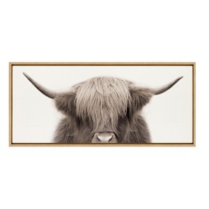 Kate and Laurel Sylvie Hey Dude Highland Cow Color Framed Canvas by The Creative Bunch Studio, 18x40, Natural - 1 of 4