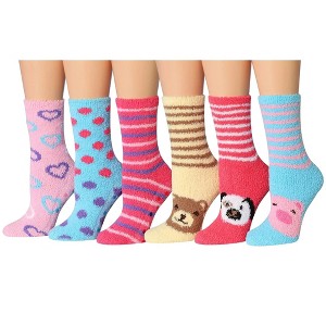 Tipi Toe Women's 6-Pairs Cozy Microfiber Anti-Skid Soft Sweet Hearts Patterned Fuzzy Crew Socks - 1 of 4