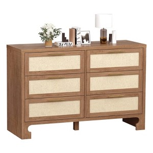 6 Drawers Dresser for Bedroom, Mid Century Modern Dresser Wooden Burlap Dressers, Storage Cabinet, Boho Wide Dresser & Chest of Drawers - 1 of 4