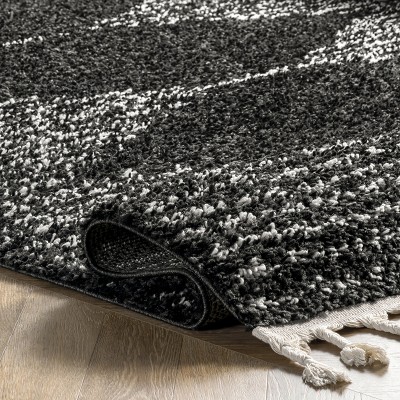 Braided Black Wool Moroccan Diamond Tassel 6'7"x9' Rug